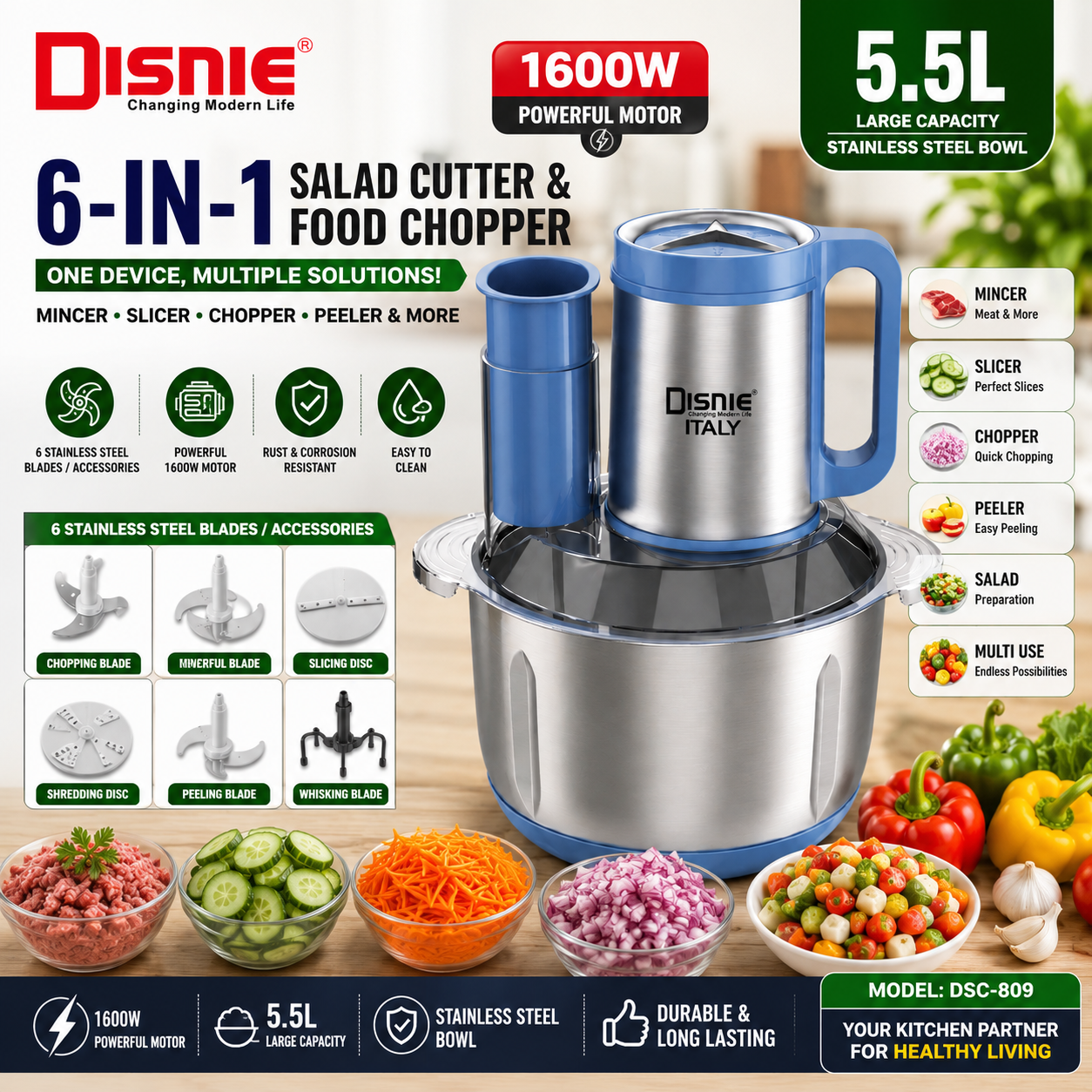 5.5L Disnie 8 in1 DSC-809 Salad Cutter and Food Chopper With Fruits Pleeler
